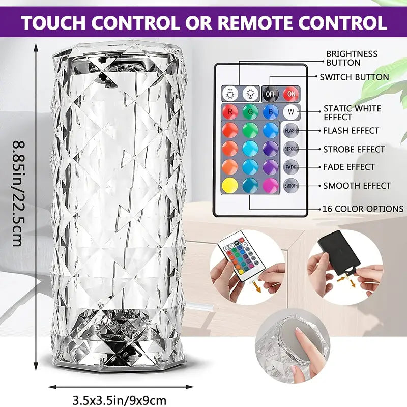 Crystal Diamond Lamp 16 Colors Changing with Remote Control USB Rechargeable Rose Light | Fancy Table Lamp